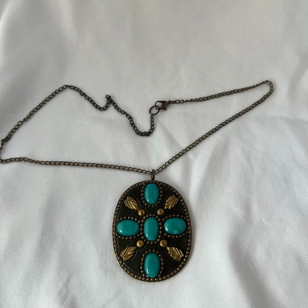 Brass and Glass Cabochon Pendant Necklace